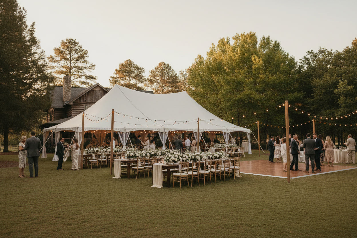 Outdoor wedding reception with a large white tent in a forest setting.